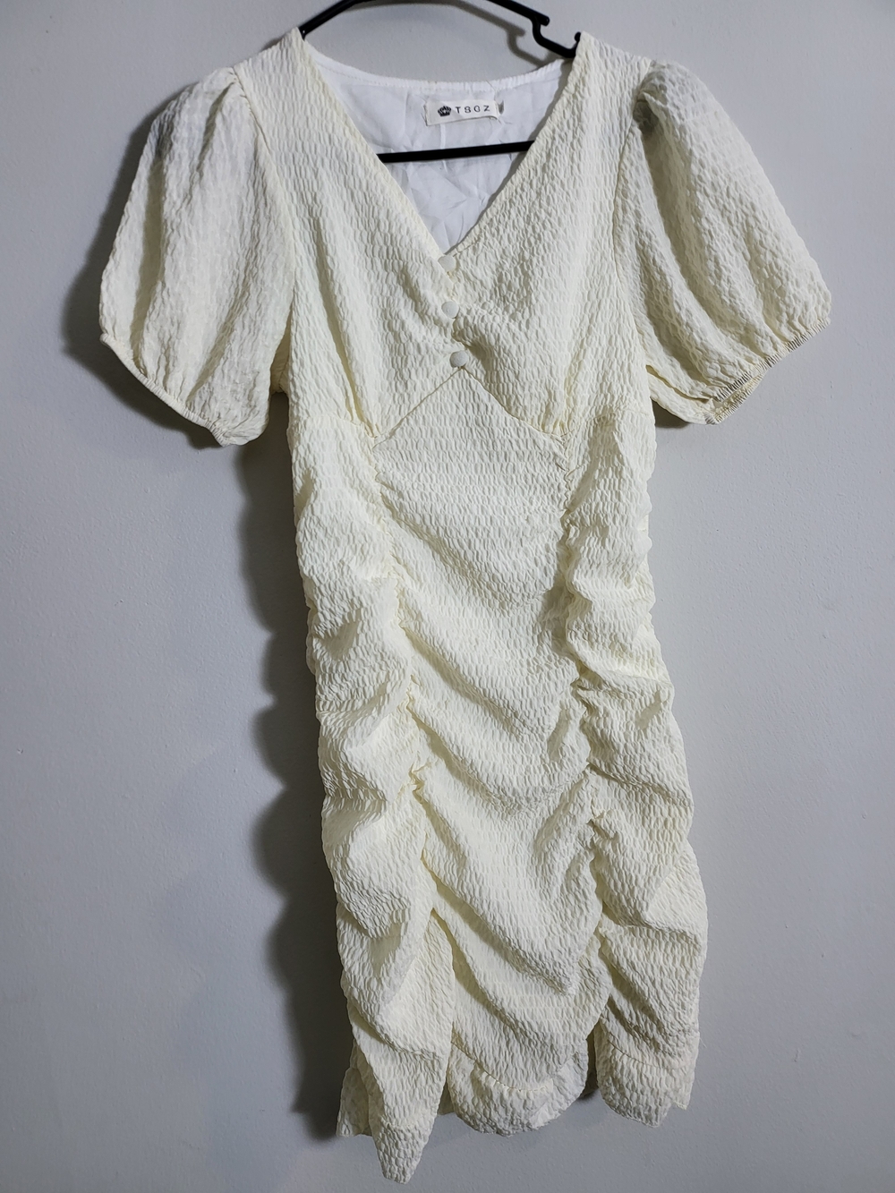 Cream Textured Puff-Sleeve V-Neck Dress